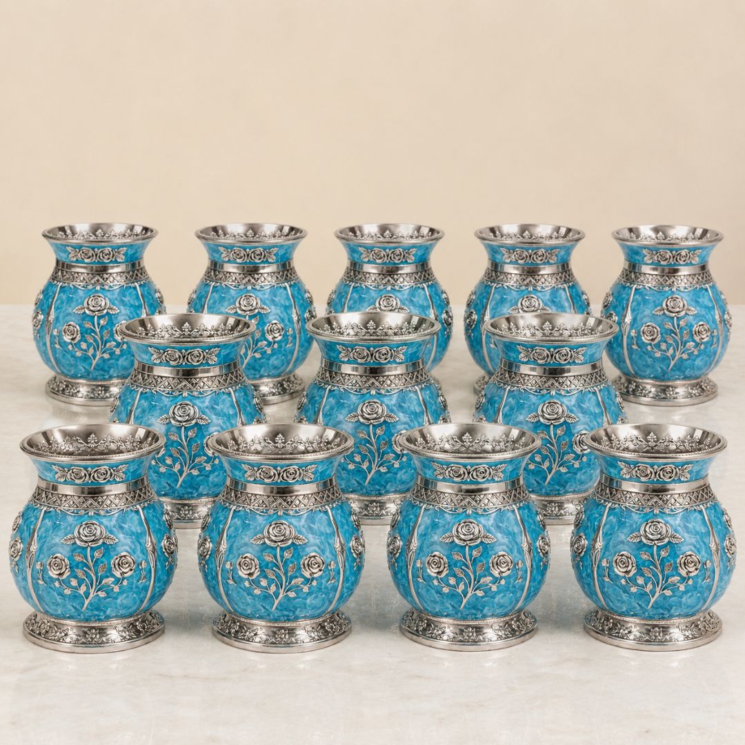 German Silver Floral Kalash with Sky Blue Enamel Work