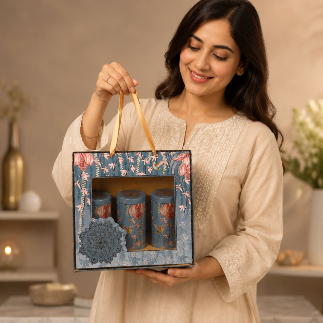 Blue Dry-Fruit Hamper Box 3 Tins For Gift Hamper & Diwali Hamper