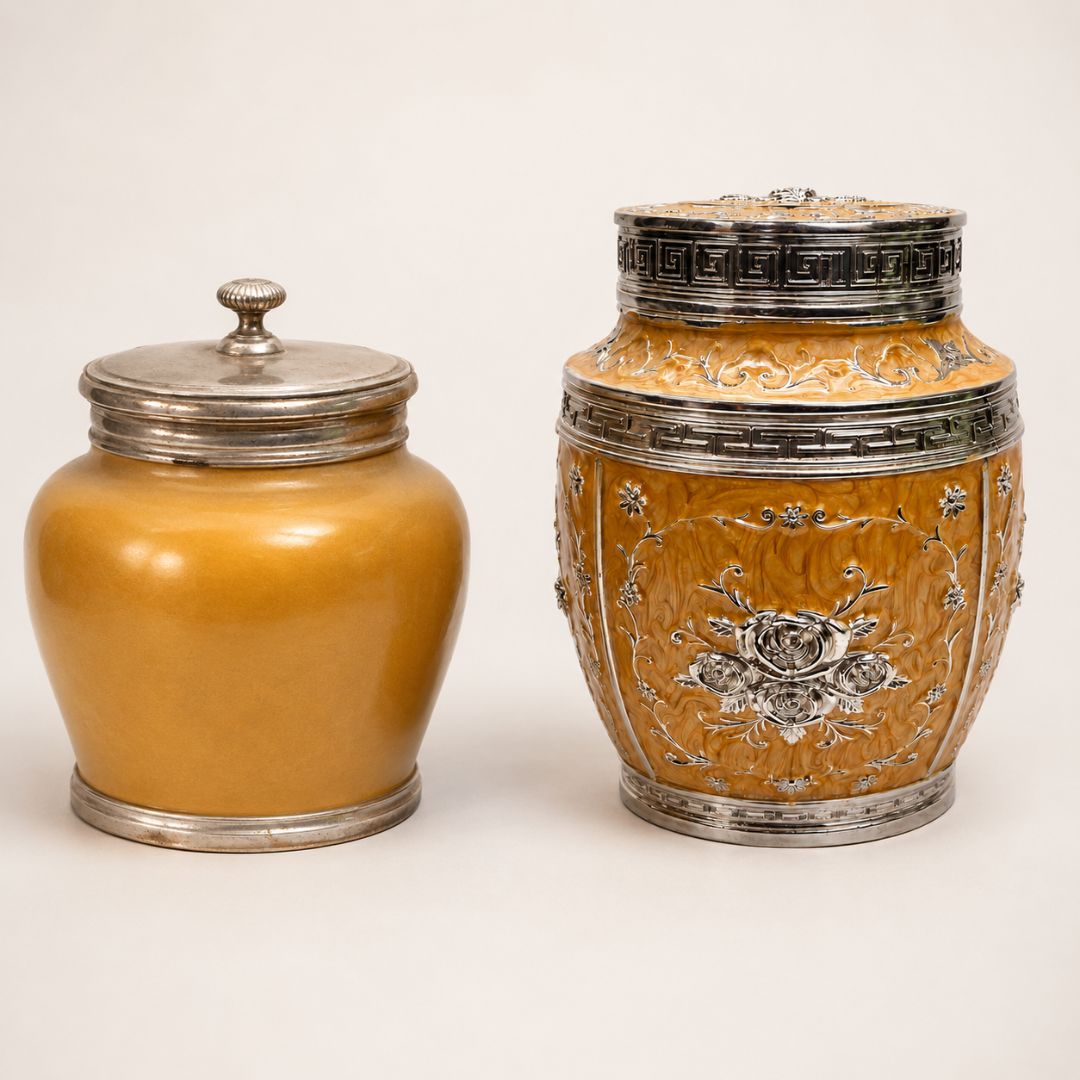 Luxury Orange Floral Silver Finish Storage Jar with Lid (7 x 5 Inch)