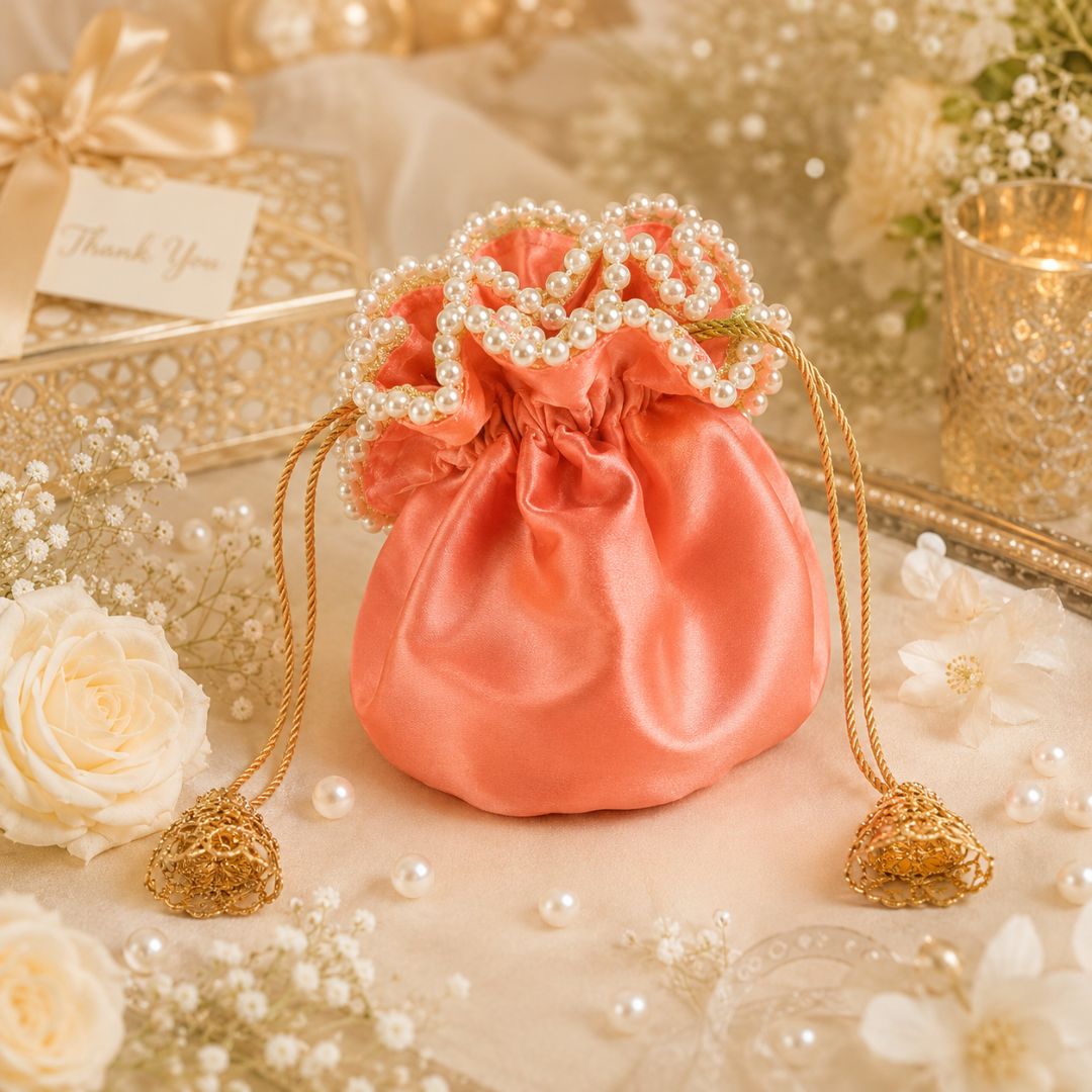 Pack of 5 -Peach Pearl Loop Drawstring Potli Bag