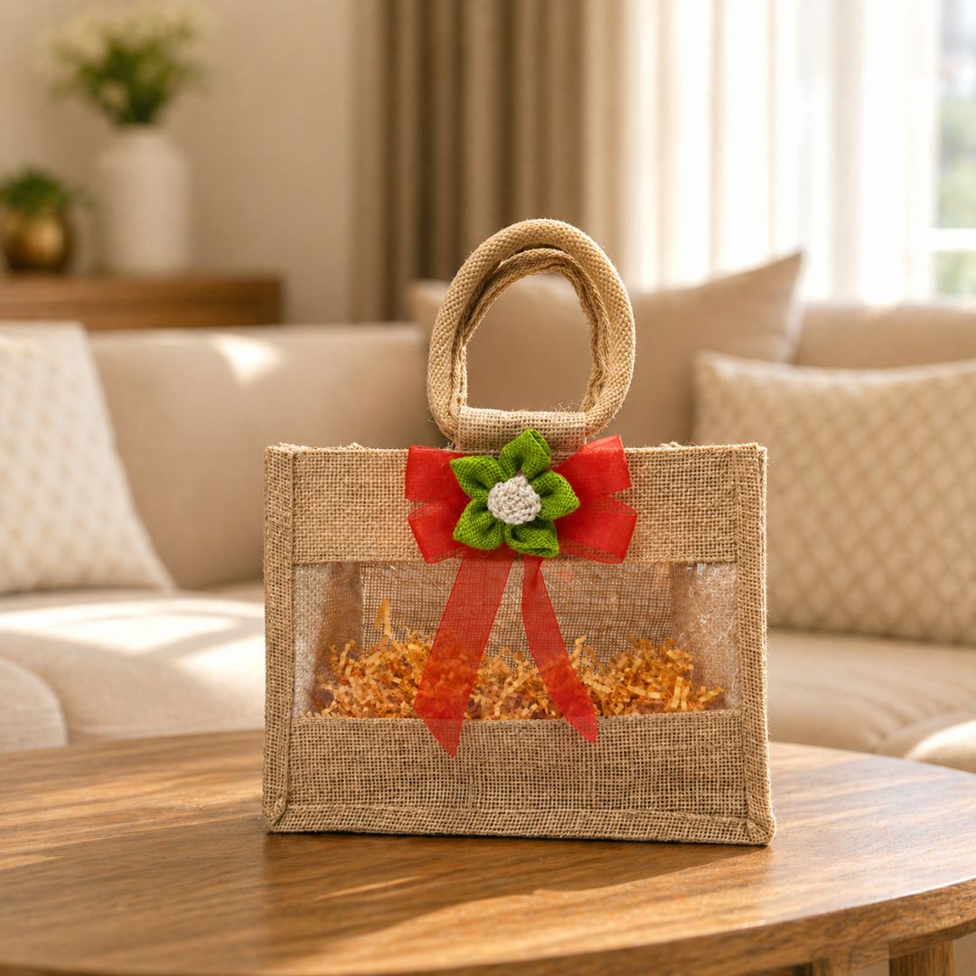 (Set of 5)Premium Jute Window Gift Basket with Handle & Floral Ribbon – 10 x 8 Inches