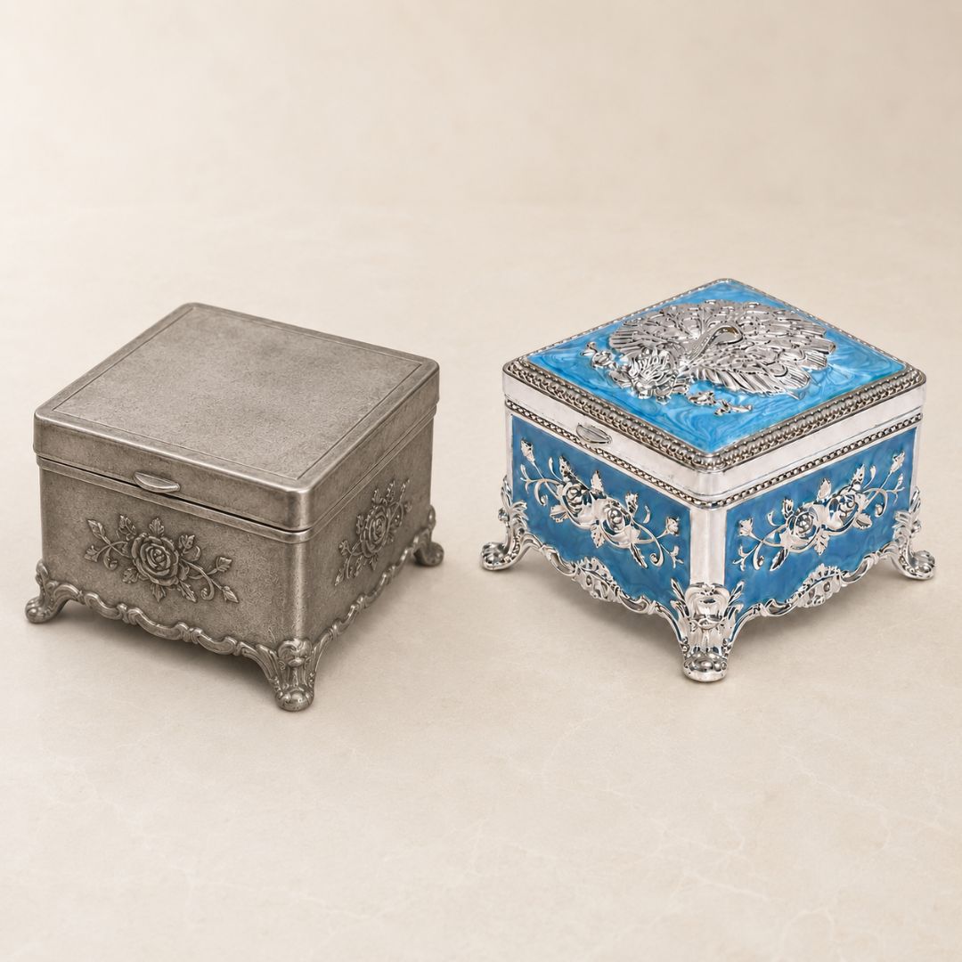 Premium Peacock Design German Silver Jewelry Box – Sky Blue (3 x 3 Inch)
