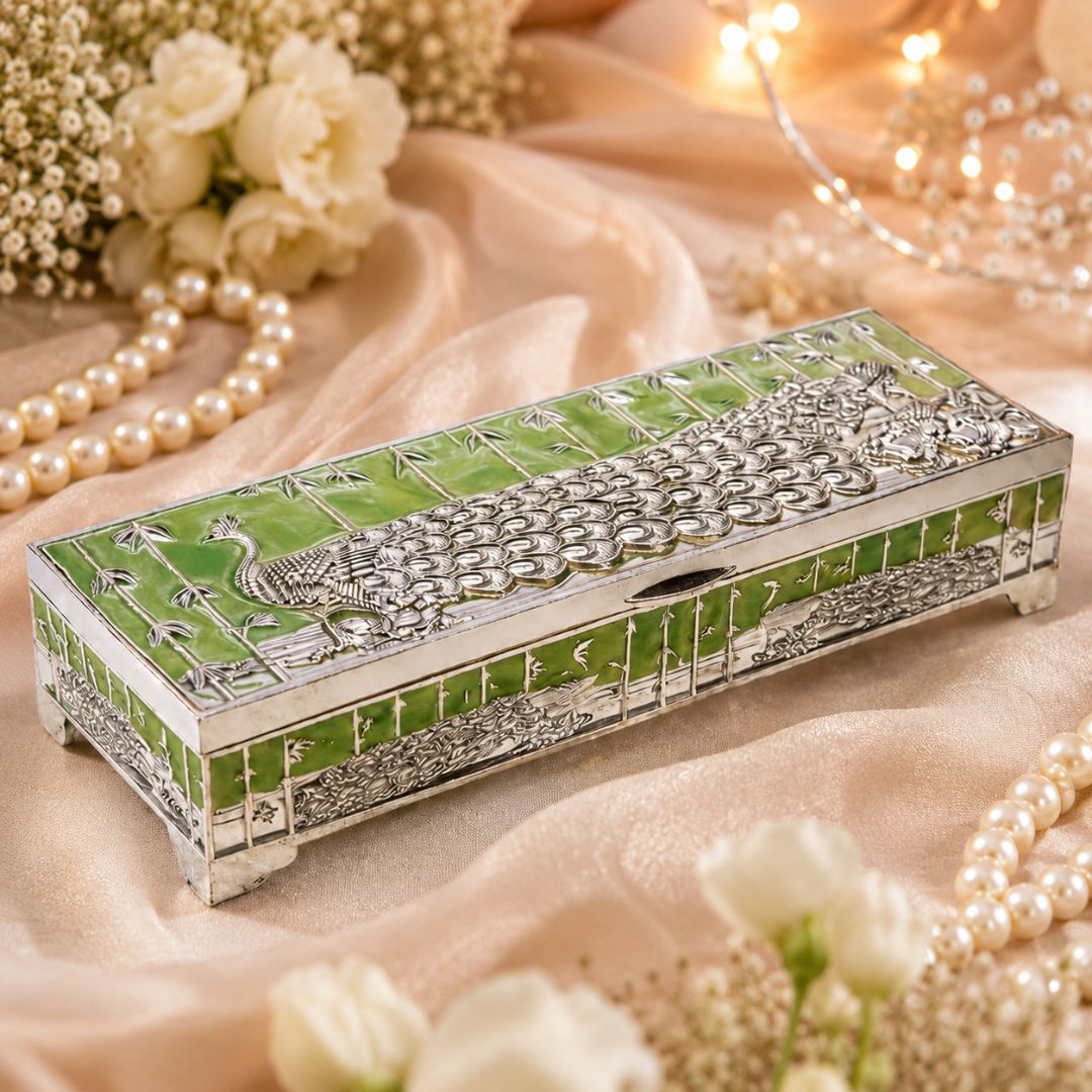 Premium German Silver Peacock Dry Fruit Box with Green Enamel Finish (9 x 3.5 x 2 Inch)