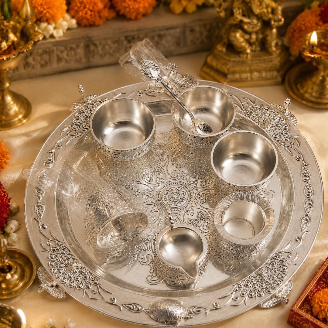 Premium German Silver Serving Set with Embossed Round Tray for Festive Gifting & Pooja Use - Adscraft.in