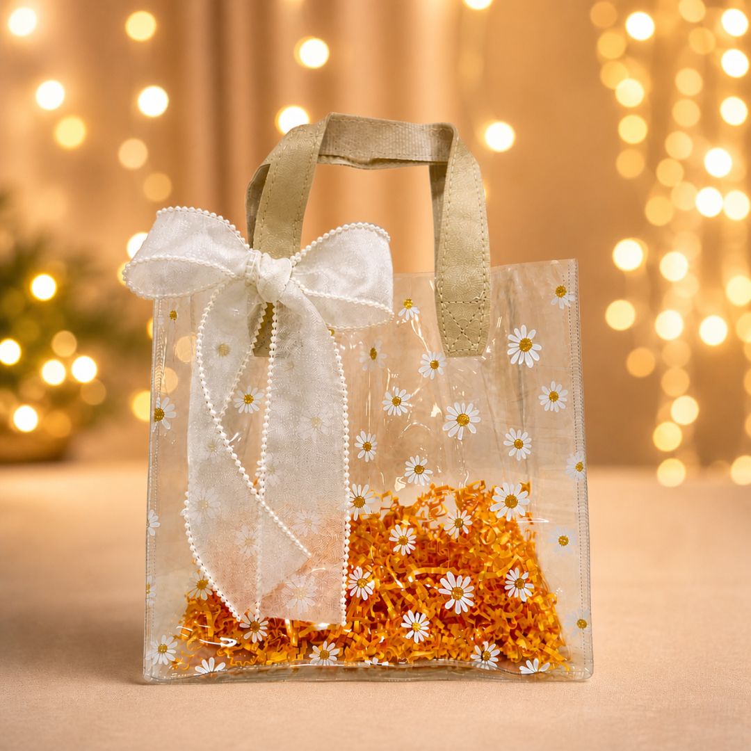(Set of 5)Premium Transparent Floral Gift Bag with Bow Handle – 10 Inch x 14 Inch Sizes