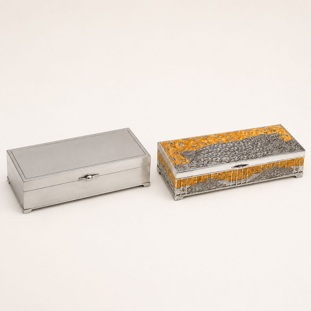 Premium German Silver Peacock Dry Fruit Box with Orange Enamel Finish (9 x 3.5 x 2 Inch)