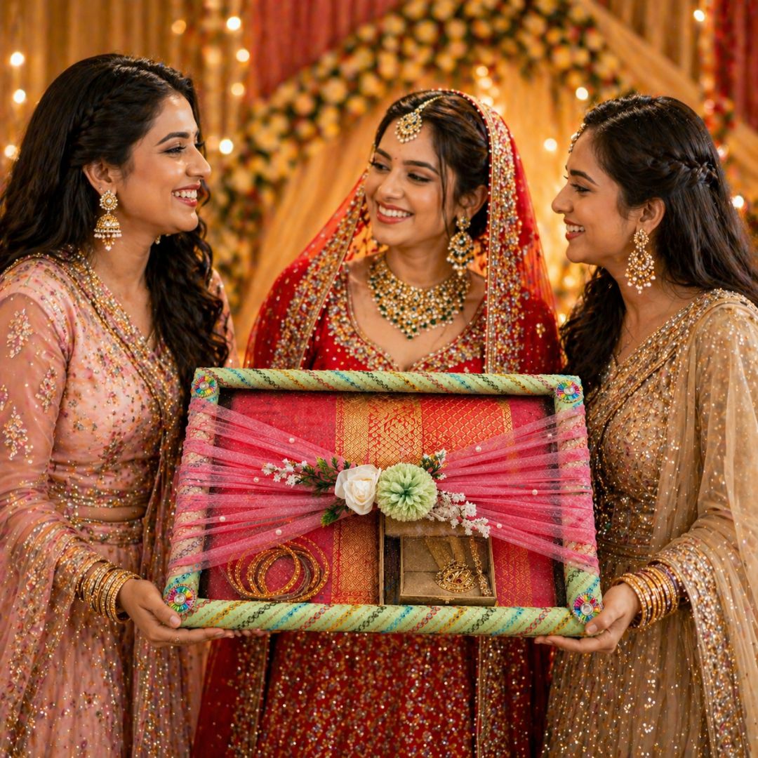 (Set of 3) Classic Green Brocade Trousseau Trays with Organza & Floral Decor – Wedding Gift Packing Made Elegant