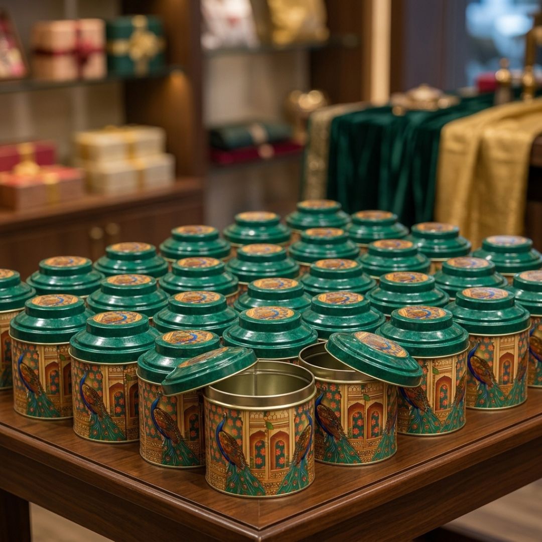 Pack of 6 Peacock Printed Metal Tin Box with Lid – Premium Gift & Dry Fruit Packaging Box
