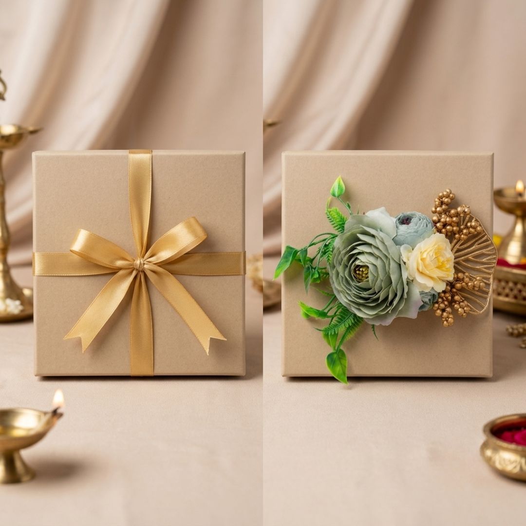 Set of 5 Sage Green & Gold Floral Decorative Accessories for Hamper & Trousseau Packing