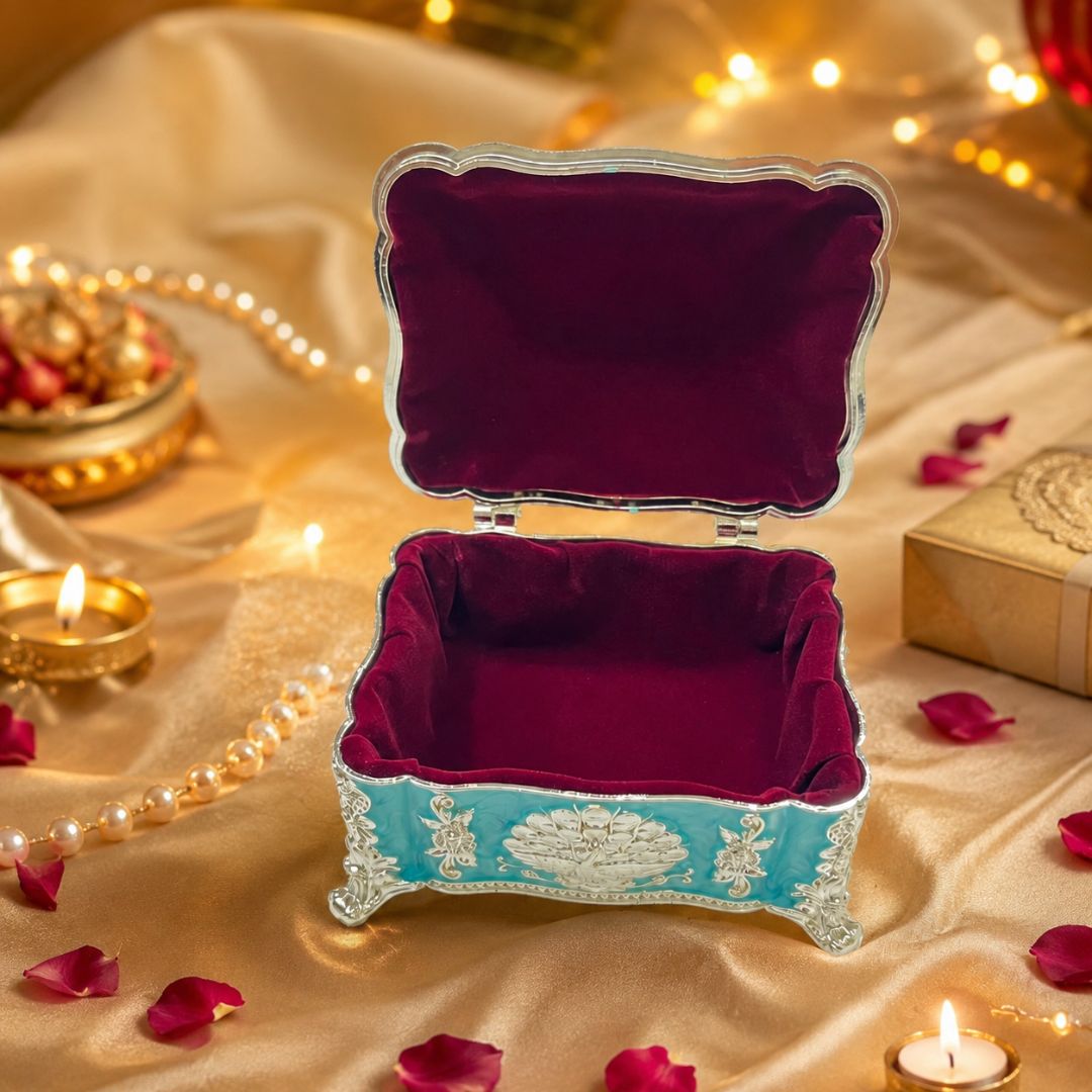 Royal Blue Enamel German Silver Storage Box with Velvet Lining (4 x 3 x 3 Inch)