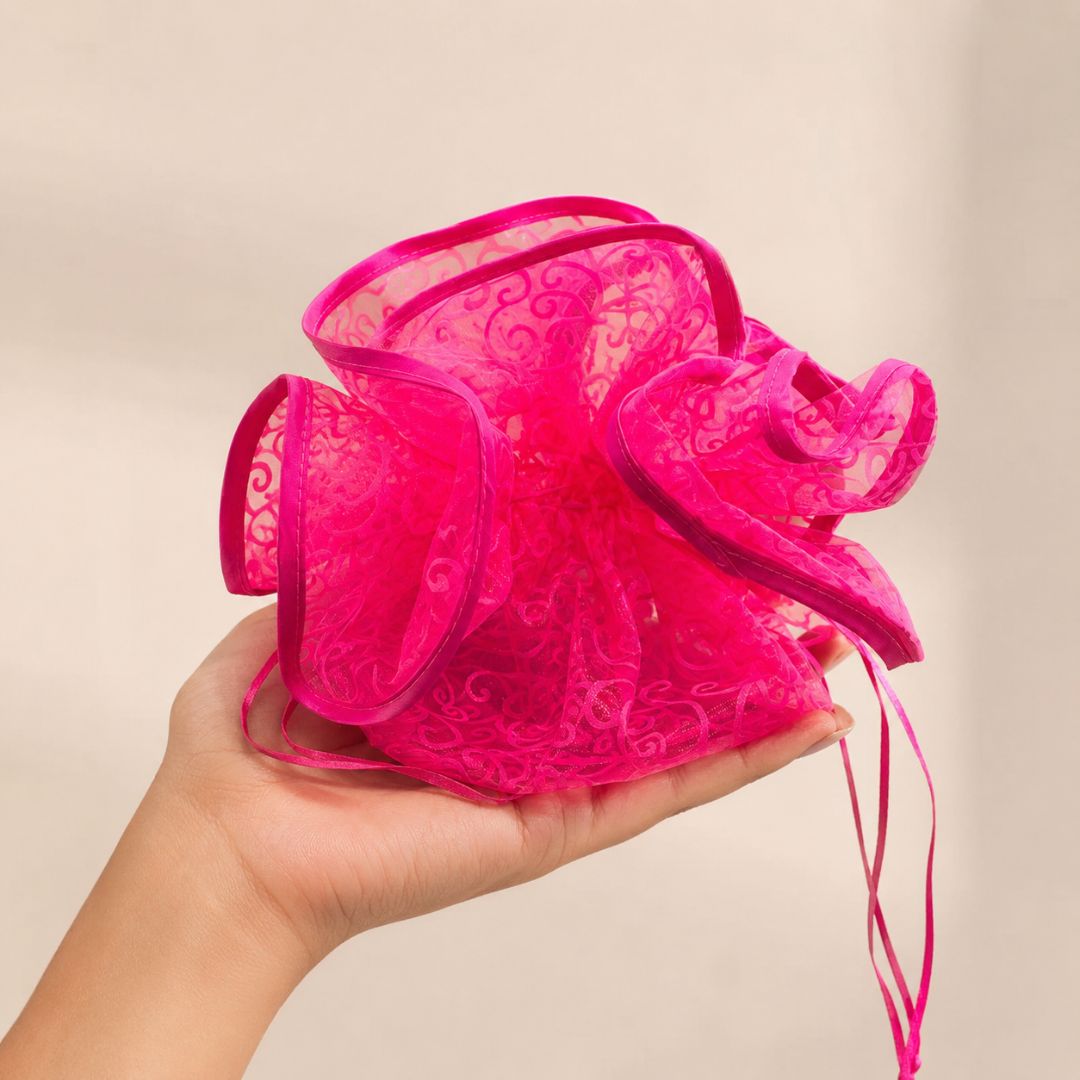 Set of 5  - Pink Designer Organza Potli Basket
