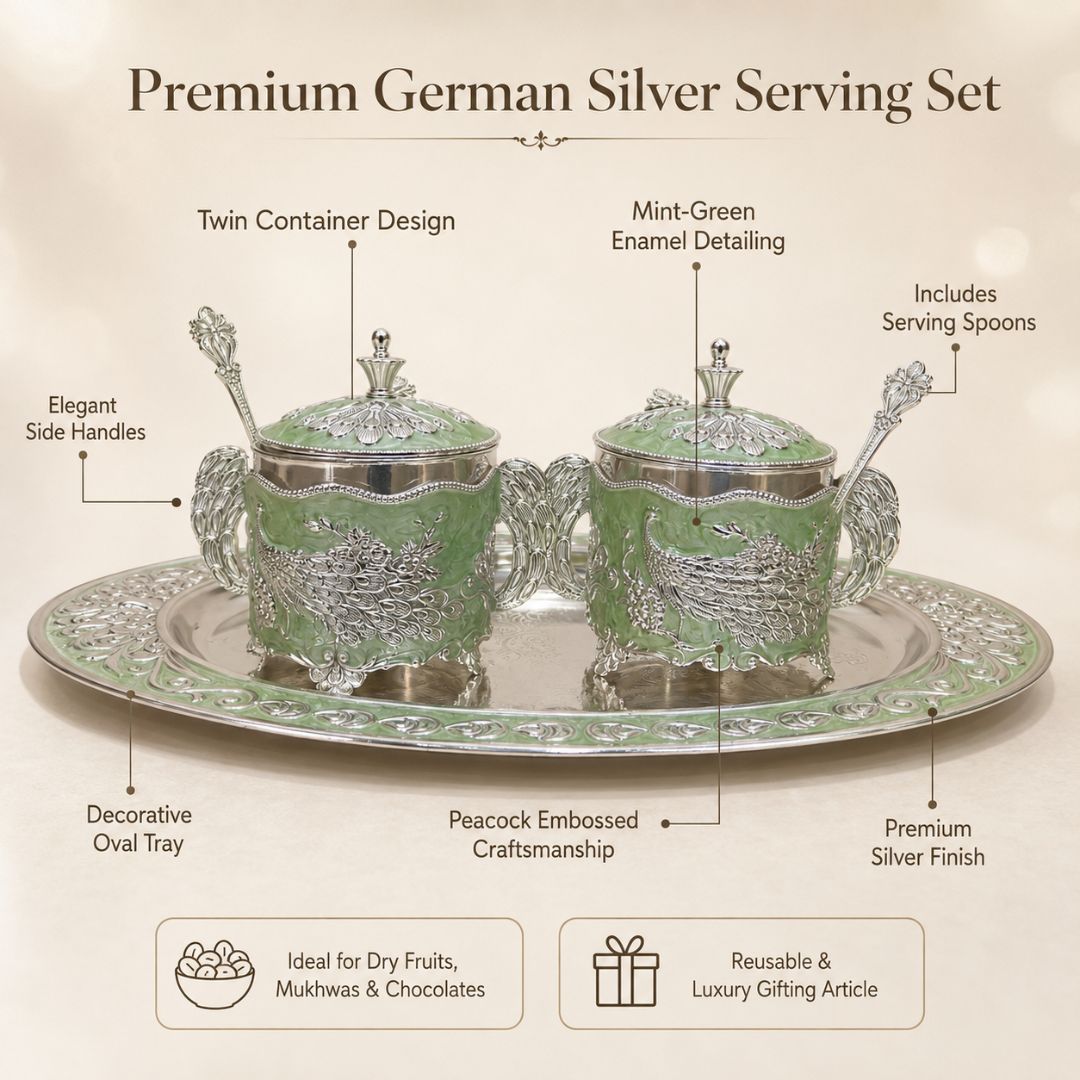 German Silver Green Peacock Container Set with Tray