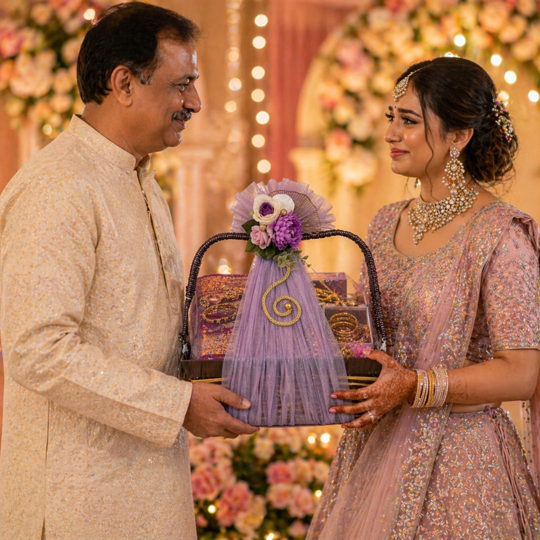 (Set of 3)Premium Lavender Net Gift Baskets with Floral Decor & Handle (16 x 12 Inches)