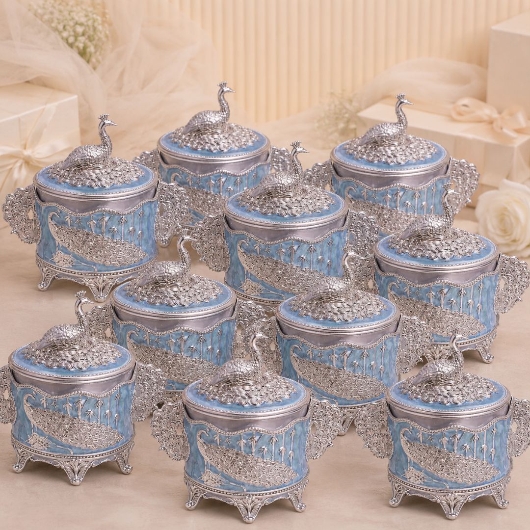 German Silver Peacock Round Jar with Lid – 6 Inch Luxury Sweet & Dry Fruit Box - Adscraft.in