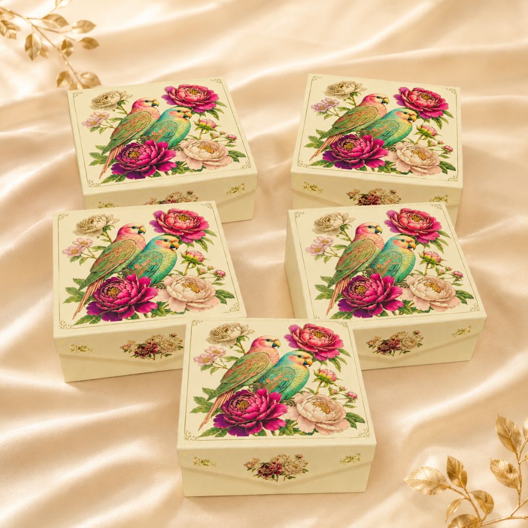 Pack of 5 Parrot Floral Printed Square Gift Box – Premium Hamper Packaging Box