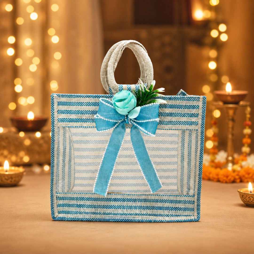 (Set of 5)Premium Blue Striped Jute Gift Bag with Transparent Window & Floral Bow –  (12 x 14 Inches)