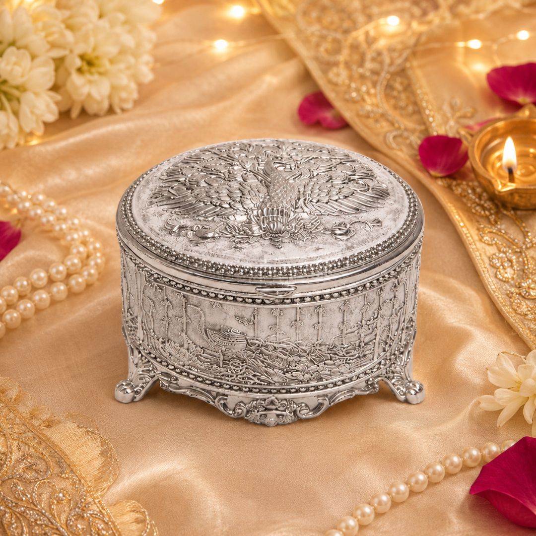 Adscraft Royal Peacock German Silver Jewelry & Dry Fruit Box with Velvet Lining (3 Inch)