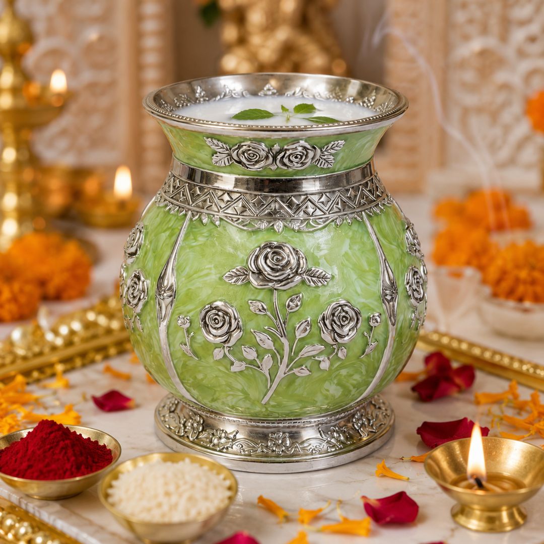 German Silver Floral Kalash with Green Enamel Work