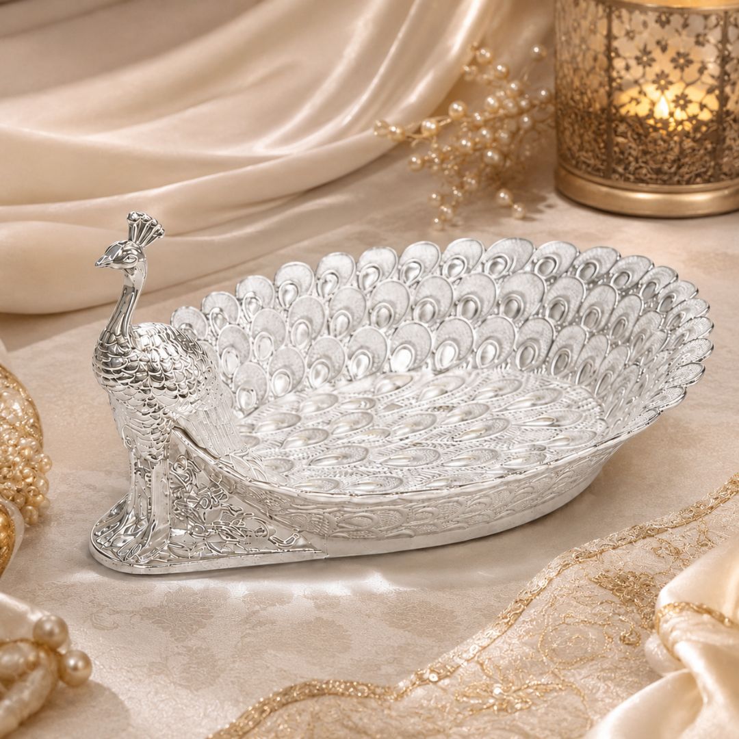 Peacock-Shaped German Silver Dry Fruit Tray (8 Inch) – Elegant Wedding & Festive Serving Platter - Adscraft.in