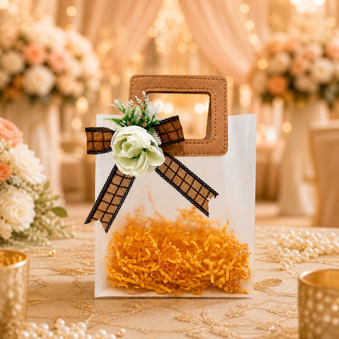 (Set of 5)Premium Frosted Gift Bag with Wooden Handle & Floral Bow – (6.5 x 9 Inches)