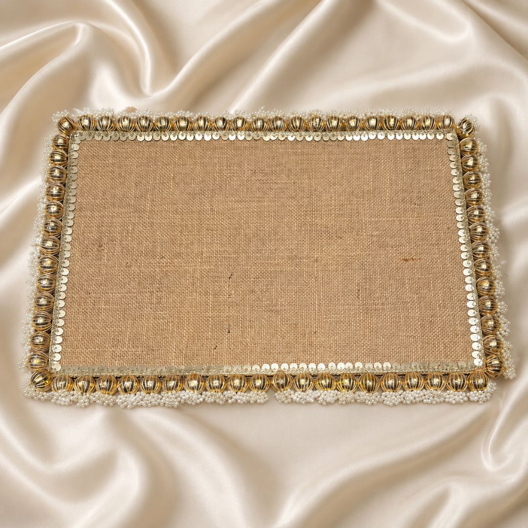 Natural Jute Gold Pearl Border Wedding Trousseau Tray