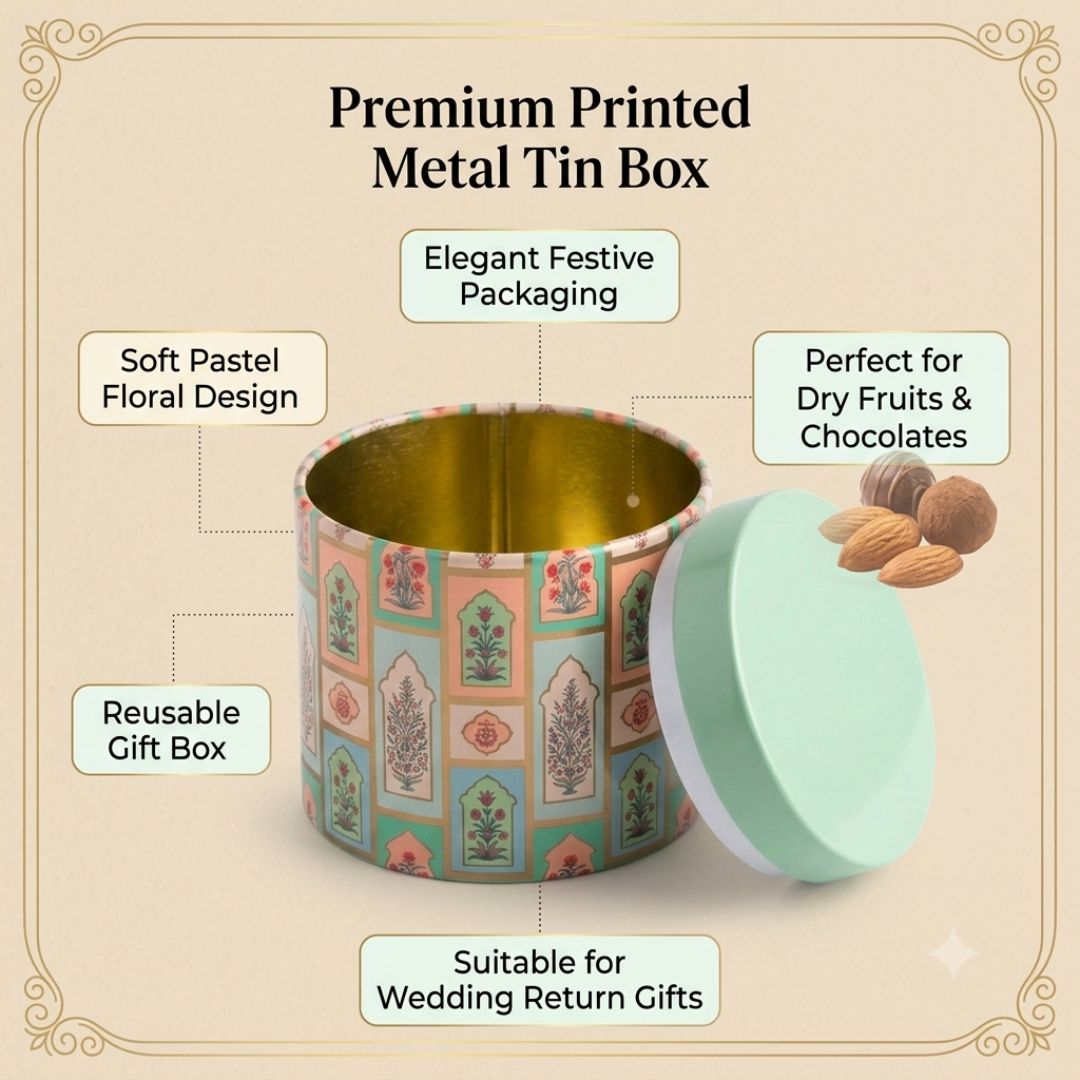 Pack of 6 Pastel Floral Printed Metal Tin Box with Lid – Premium Gift & Dry Fruit Packaging Box
