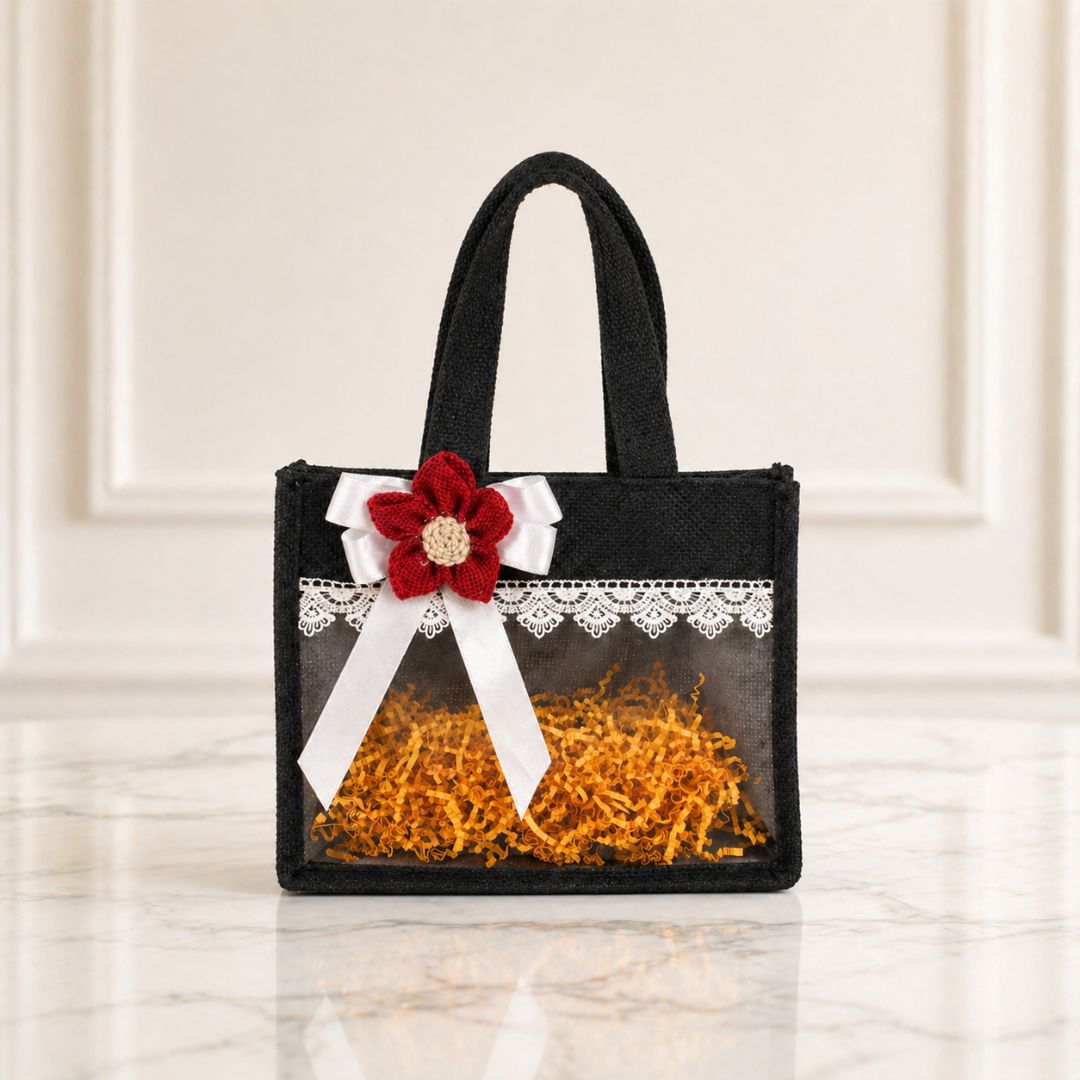 (Set of 5)Premium Black Jute Gift Basket with Transparent Window & Lace Decor | (8 x 10 Inch Sizes)