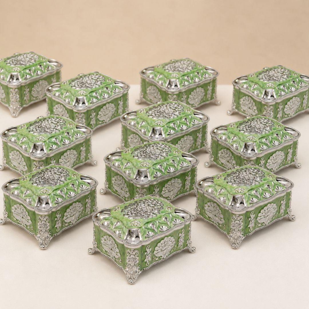 Green Enamel German Silver Decorative Jewellery & Keepsake Box (4 x 3 x 3 Inch)