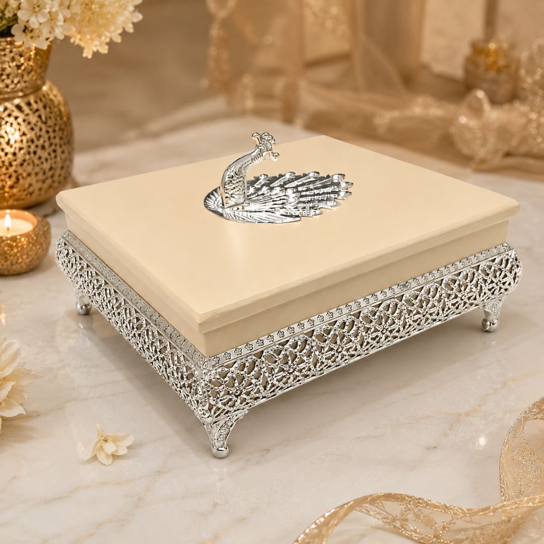 Premium German Silver Peacock Design Gift Box for Festive & Wedding Gifting - Adscraft.in