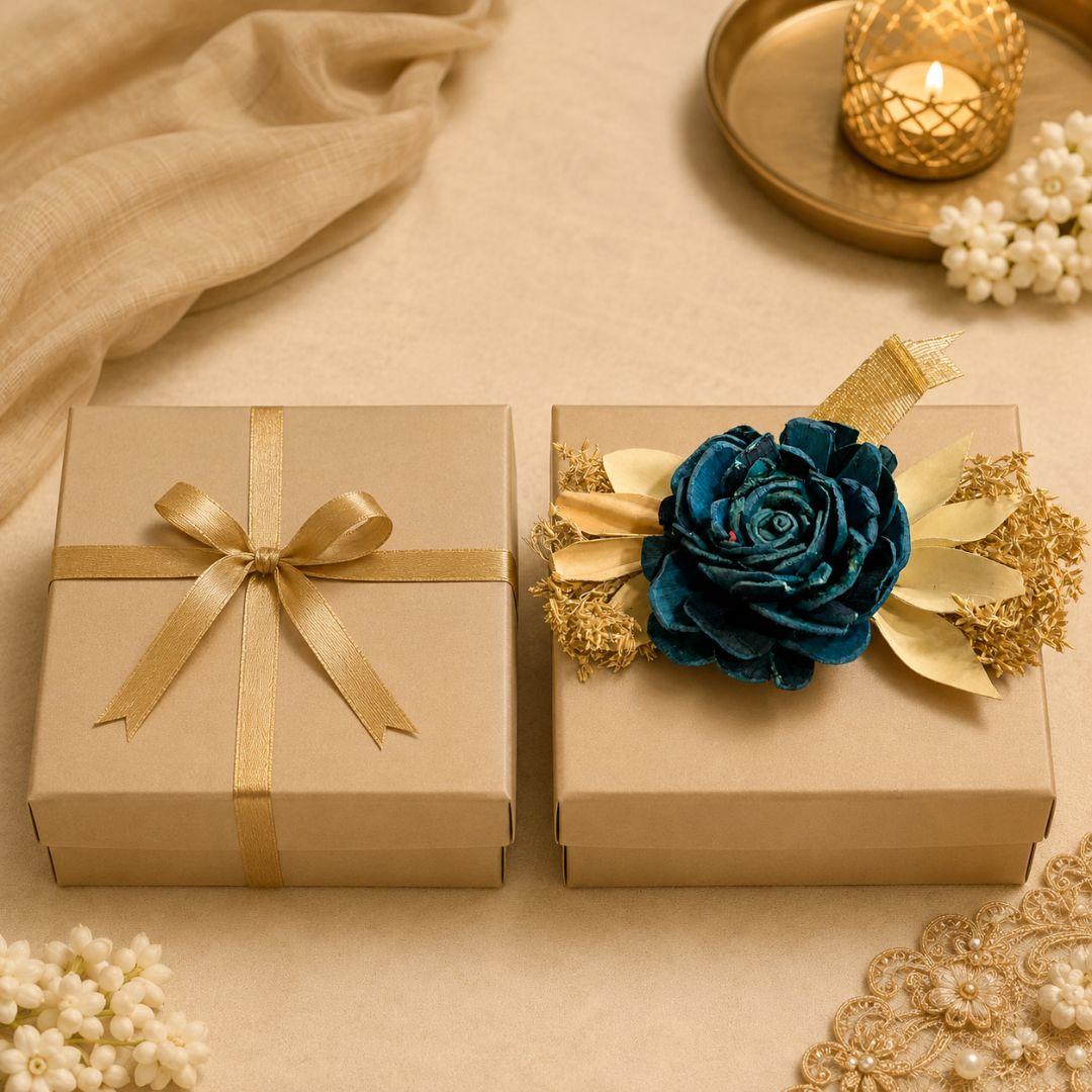 Set of 5 Teal Rose Decorative Accessories with Golden Leaves for Hamper & Trousseau Packing
