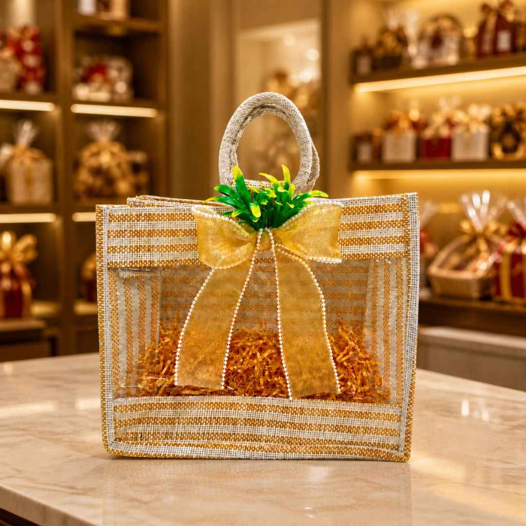 (Set of 5)Premium Jute Transparent Gift Bag with Golden Bow & Handle (12 x 14 Inch)