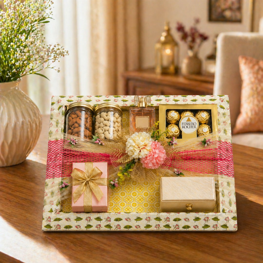 (Set of 3)Premium Floral Net Decorative Tray (18 x 14 Inch) – Yellow & Pink Wedding Hamper Tray