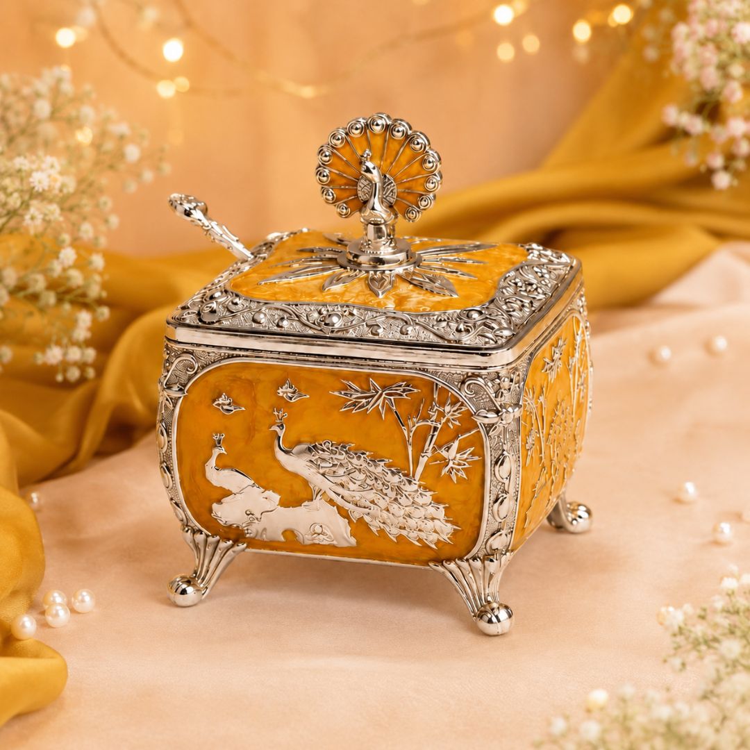 Royal Peacock German Silver Dry Fruit Box – Orange Finish (4 x 4 Inch)