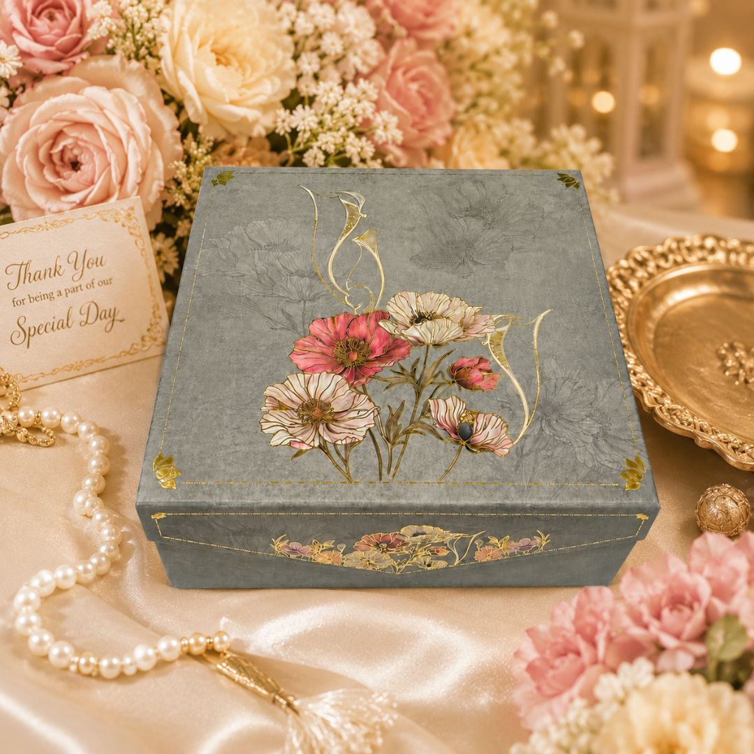Pack of 5 Grey Floral Printed Square Gift Box – Premium Gift & Hamper Packaging Box - Adscraft.in