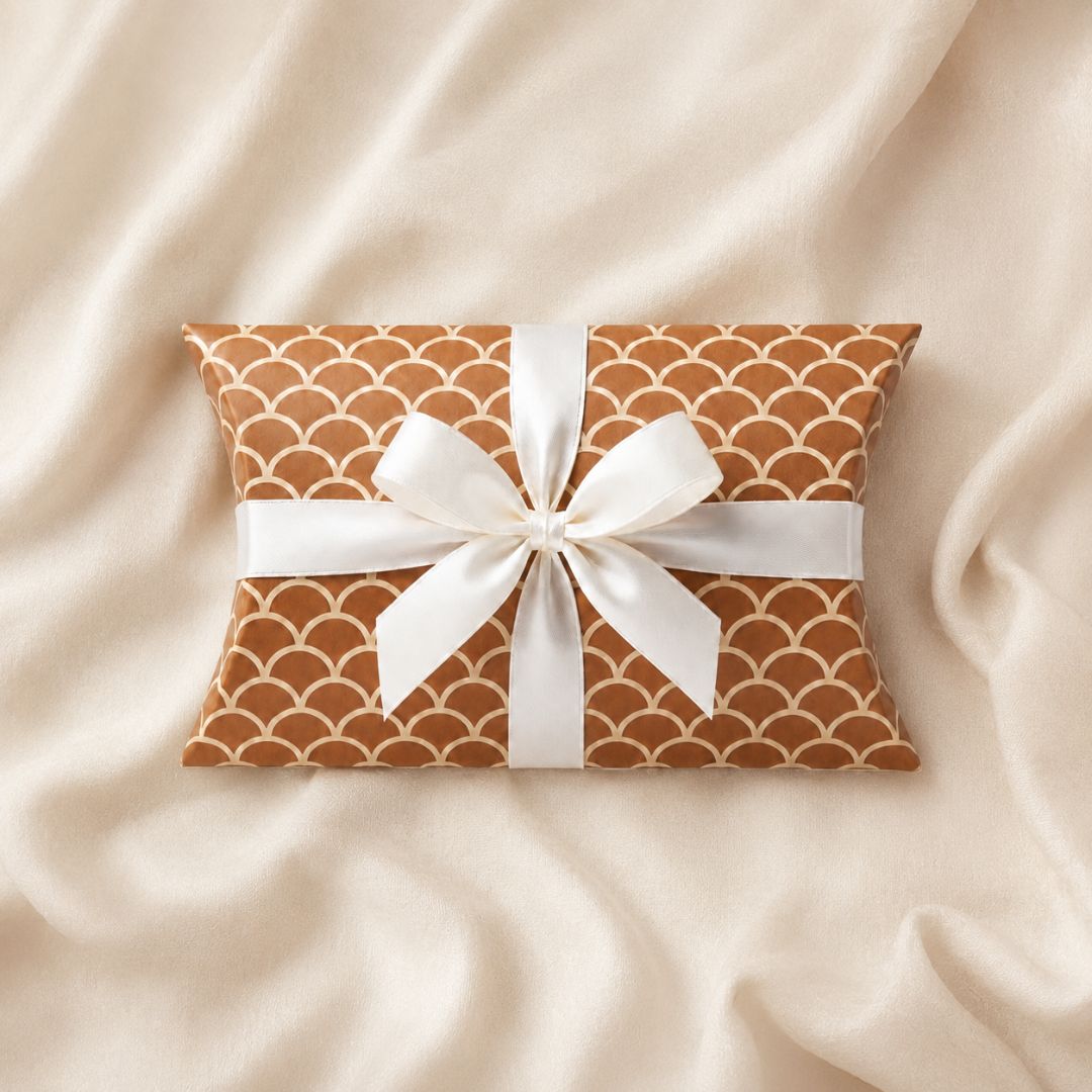 Pack of 24-Brown Scallop Pattern Pillow Gift Box with White Ribbon