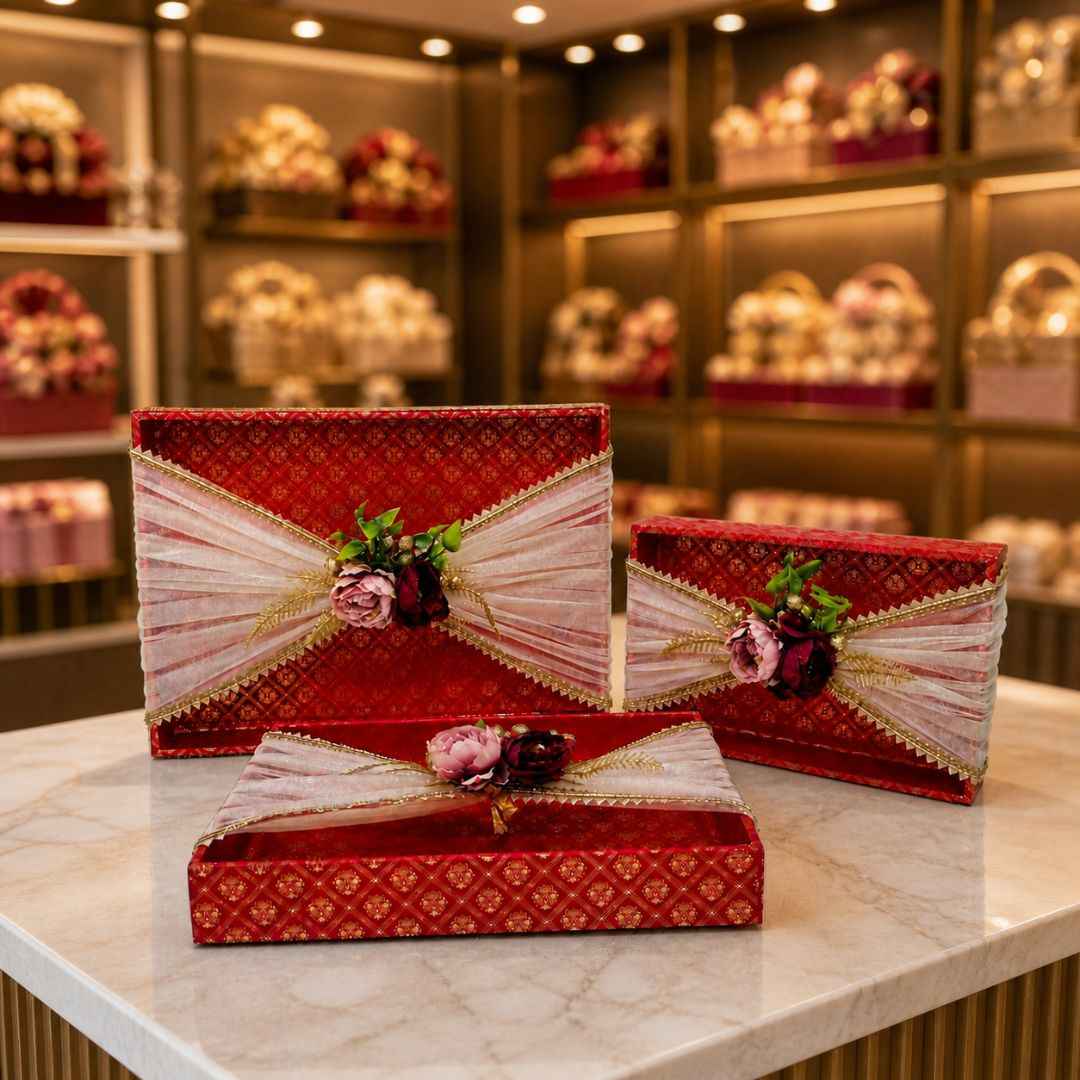 (Set of 3)Premium Red Floral Net Decorative Tray – Wedding Trousseau & Gift Packing Trays