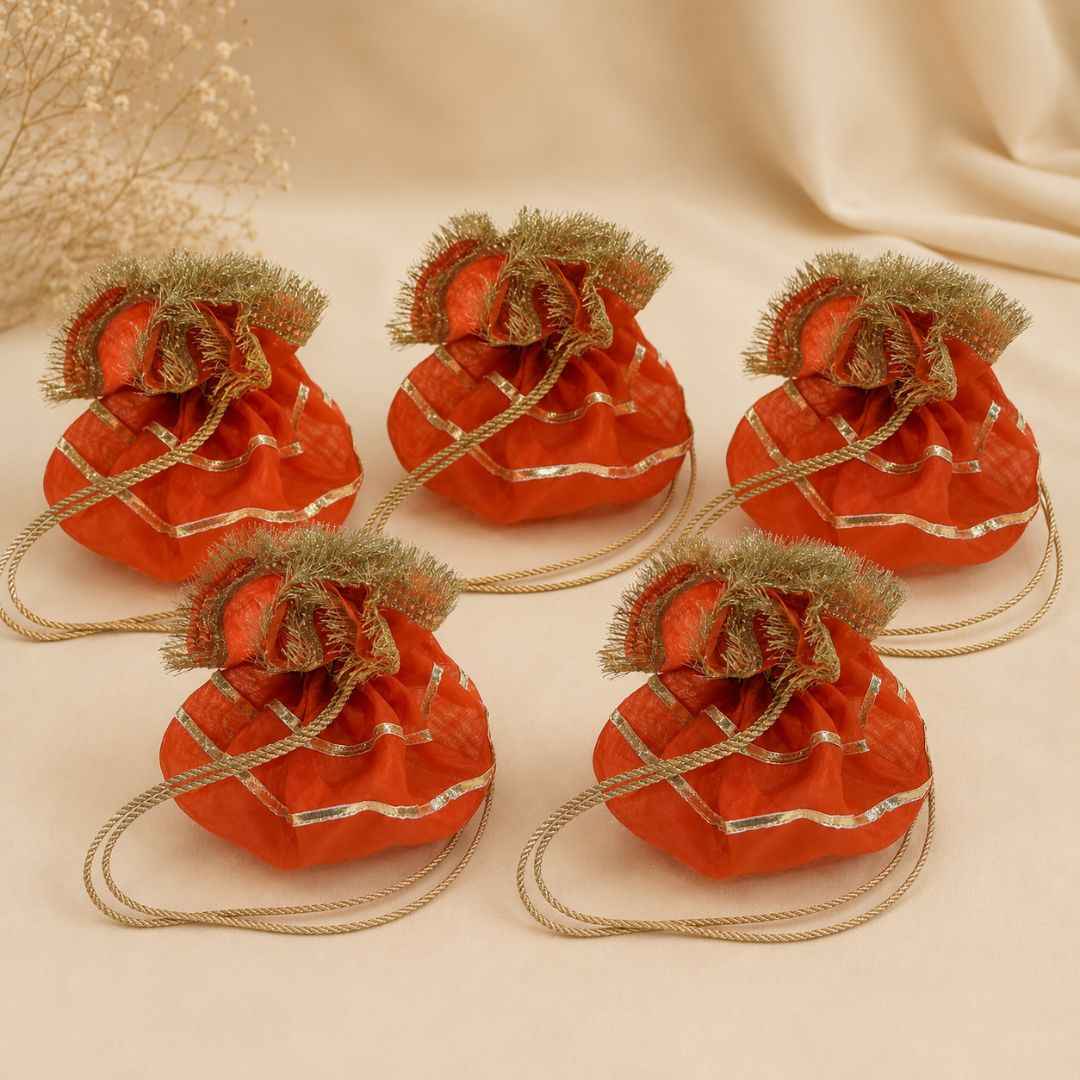 Pack of 5-Orange Gold Lace Drawstring Potli Bag
