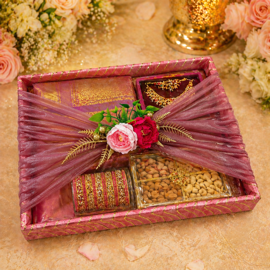 (Set of 2)Premium Pink & Gold Floral Net Gift Tray Set – Decorative Wedding Trousseau Trays
