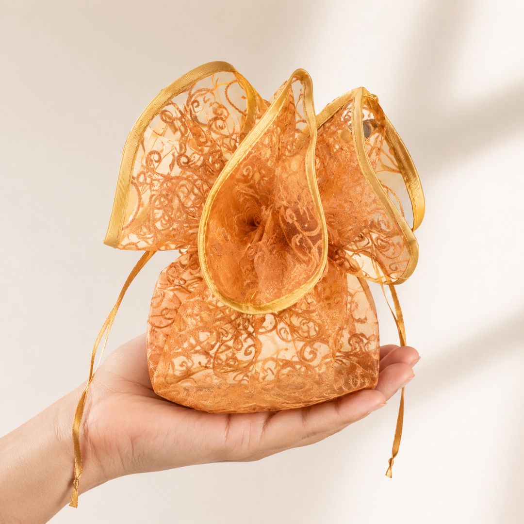 Pack of 5 Orange Organza Potli Gift Bag
