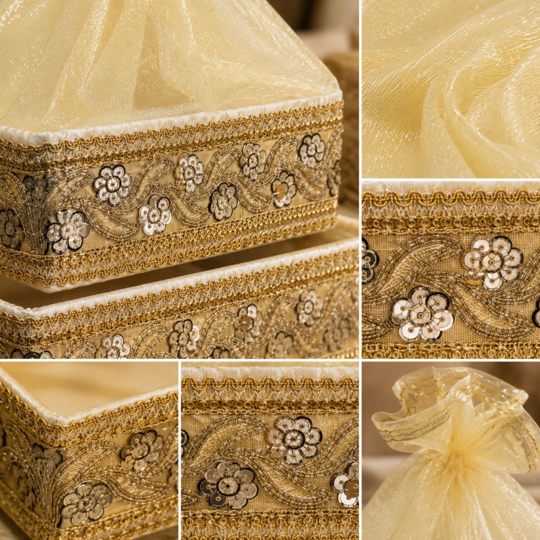 Set of 3-Ivory Gold Embroidered Wedding Hamper Basket Set