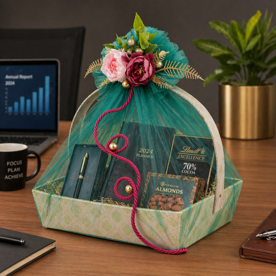 (Set of 3)Premium Mint Green Net Gift Basket with Floral Decor & Handle – 11 x 15 Inches