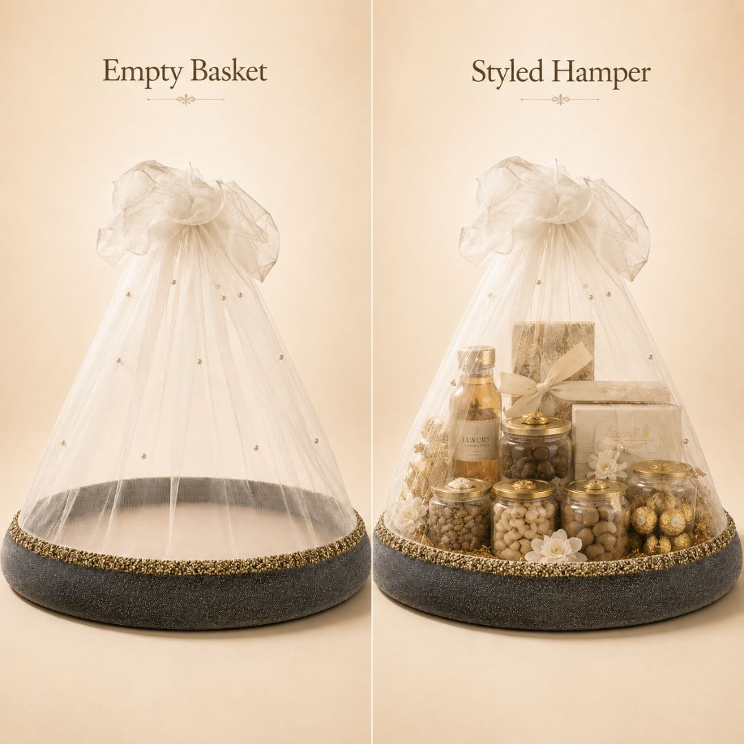 Charcoal Grey Pearl Net Round Hamper Basket