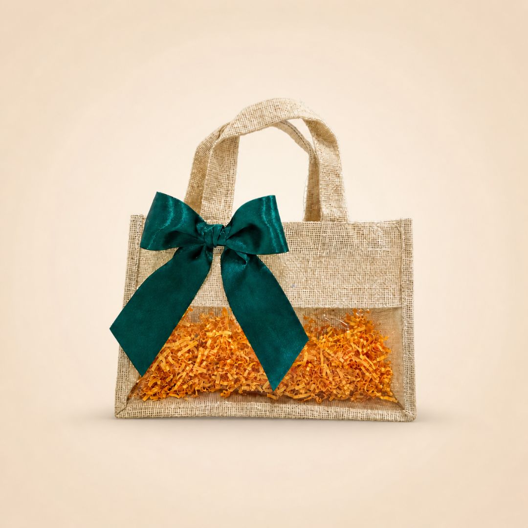 (Set of 5)Premium Jute Gift Bags with Transparent Window & Satin Bow – (12 x 12 Inch)