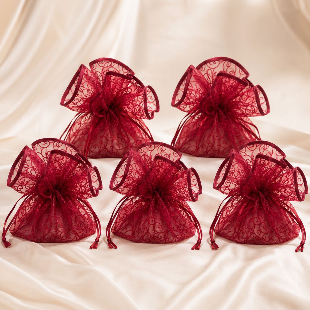 Red Organza Potli Gift Bag Pack of 5 with Golden Base