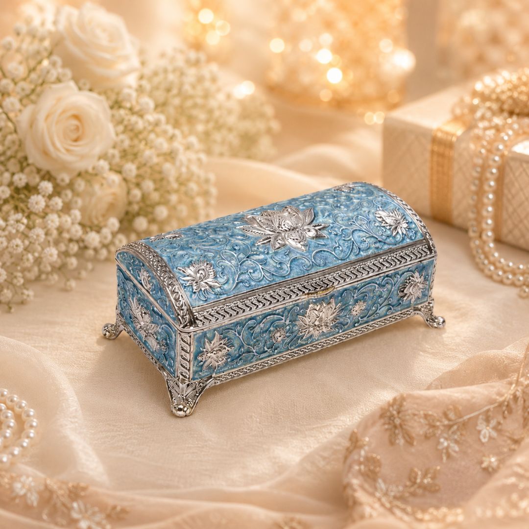 Luxury German Silver Floral Storage Box – Blue Enamel Finish (7.5 x 3.5 Inch)