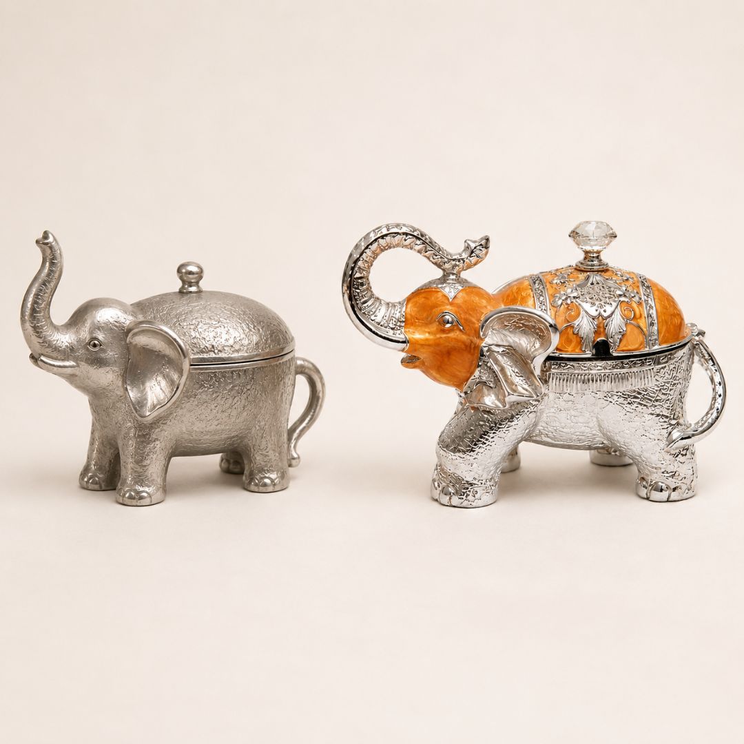 Luxury Elephant Shape Dry Fruit Container with Lid – Silver & Orange Finish (8 Inch)