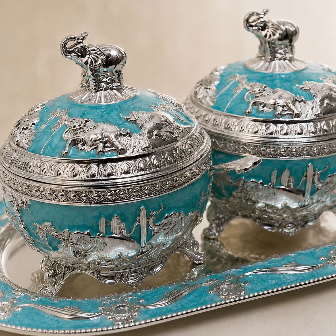 German Silver Aqua Elephant Serving Set with Spoon