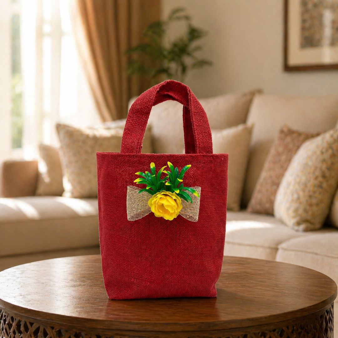 (Set of 5)Premium Red Jute Gift Bag with Floral Bow – Reusable Hamper Bag