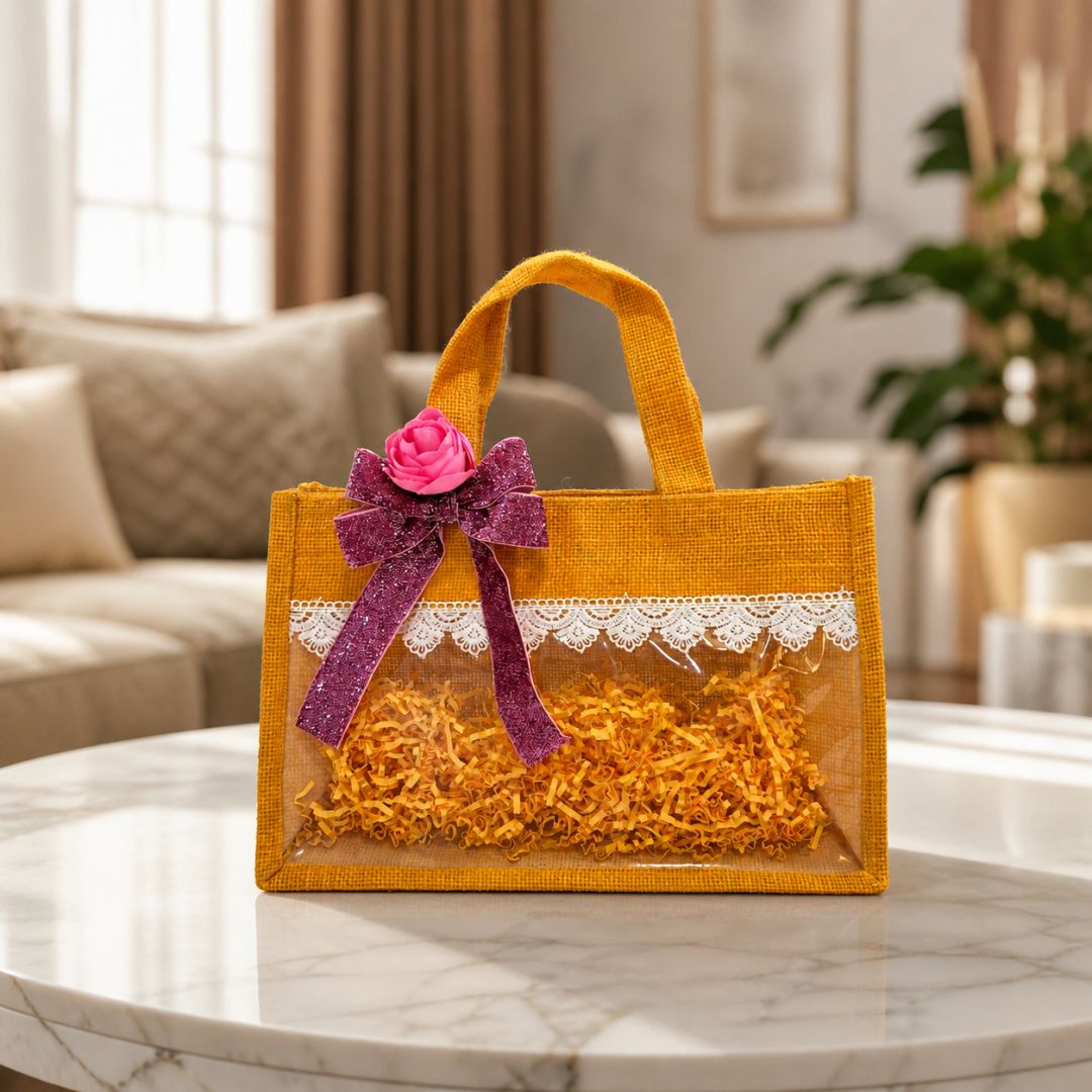 (Set of 5)Premium Jute Transparent Gift Bags with Lace & Floral Bow – 10 x 14 Inch Sizes