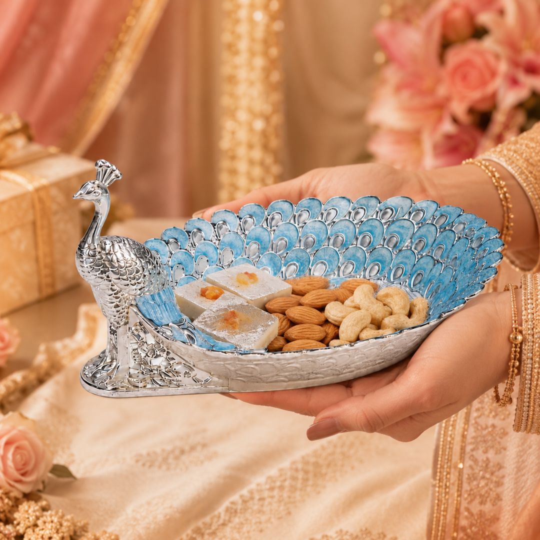 Peacock Design German Silver Dry Fruit Tray – Blue Enamel (8 Inch) - Adscraft.in